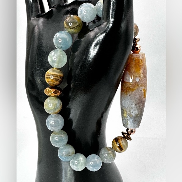 LEMURIAN AQUATINE + OCEAN JASPER NATURAL STONES BRACELET size 8” - Picture 2 of 9